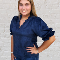 Navy Ruffle V-Neck Suede Top