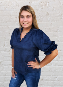 Navy Ruffle V-Neck Suede Top