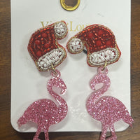 Pink Glitter Acrylic Santa Flamingo Earrings