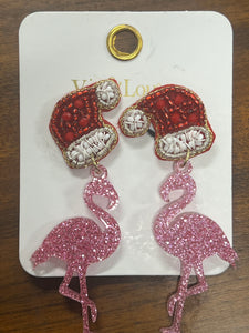 Pink Glitter Acrylic Santa Flamingo Earrings