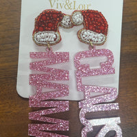 Pink Glitter Acrylic Mama Claus Earrings