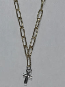 N5556-G003 Rhodium Cross Charm Necklace with Gold 16" Chain