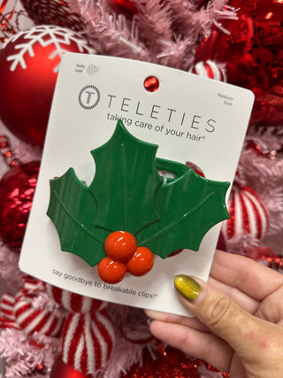 Glitter Holly Leaves Flat Hair Clip
