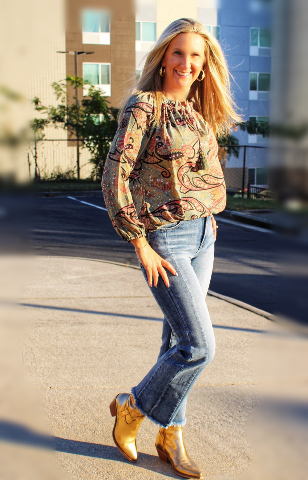 Olive Paisley Long Sleeve Top