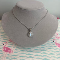 K5692-A6F3 Blue Opal Tear Drop Two Tone Pendant Necklace - Rhodium