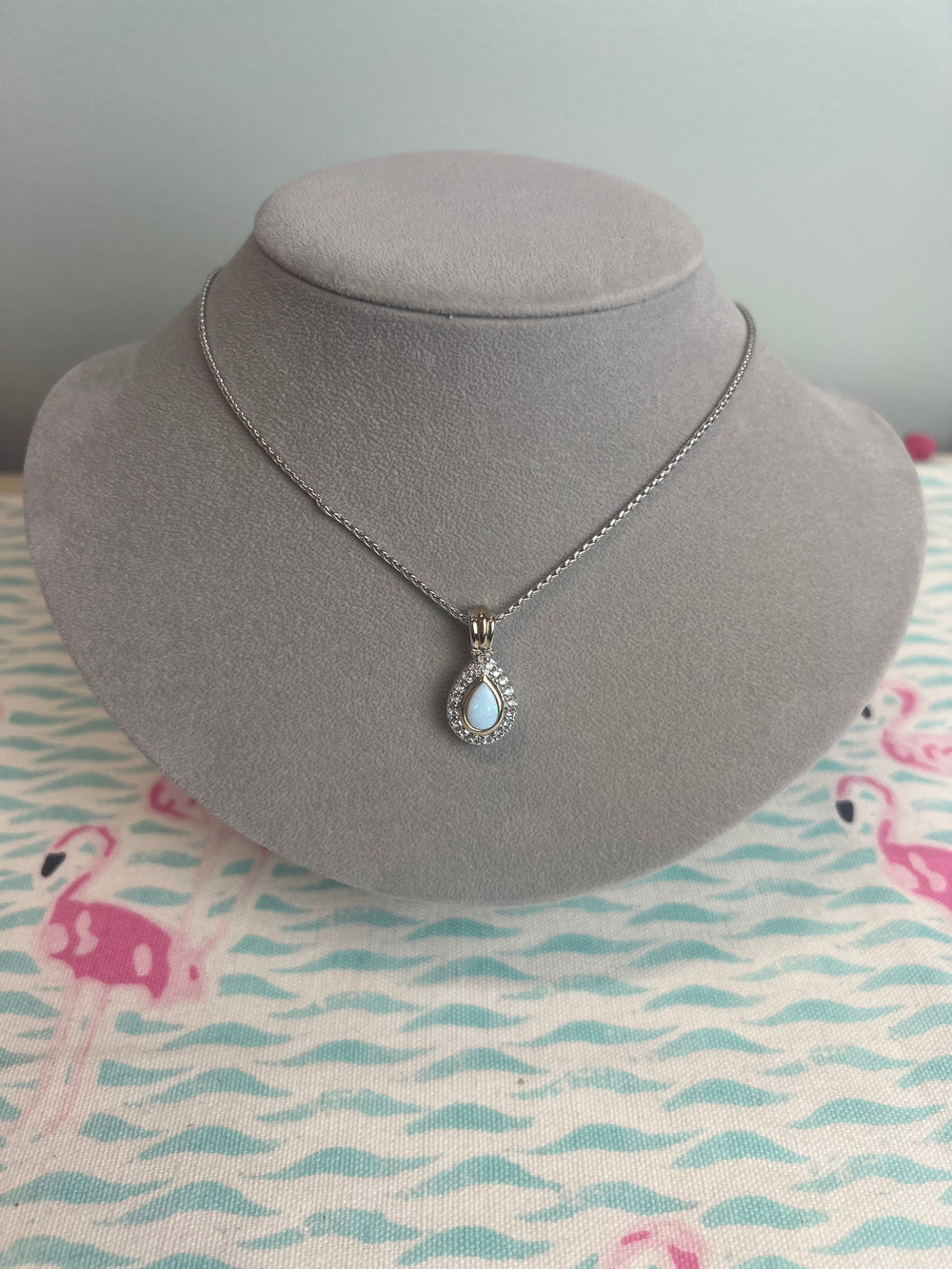 K5692-A6F3 Blue Opal Tear Drop Two Tone Pendant Necklace - Rhodium