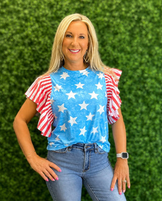 Patriotic Star Ruffle Sleeve top