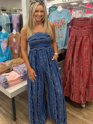 Blue Paisley Wide Leg Jumpsuit