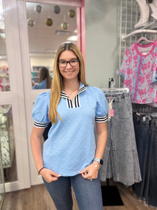 Blue Textured Zip Neck Top