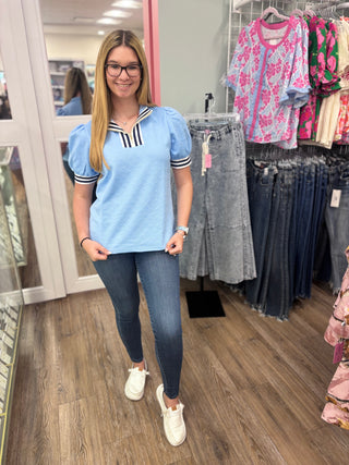 Blue Textured Zip Neck Top