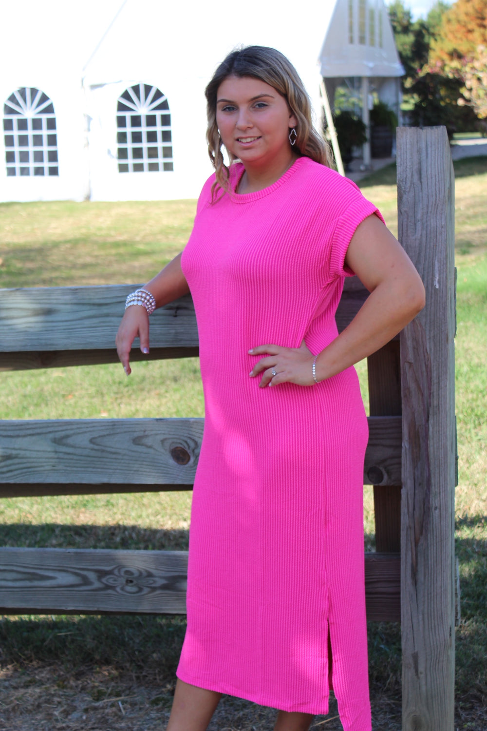 Hot Pink Ribbed Midi Dress