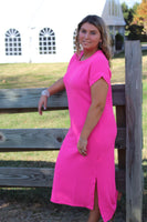 Hot Pink Ribbed Midi Dress
