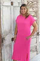 Hot Pink Ribbed Midi Dress
