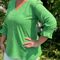 Velvet Smocked Bell Sleeve Top - Green