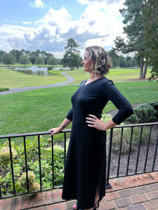 V-Neck 3/4 Sleeve Maxi Dress - Black