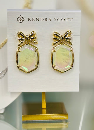 Daphne Bow Gold Drop Earrings in Crystal Ivory Illusion