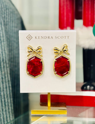 Daphne Bow Gold Drop Earrings in Burgundy Illusion