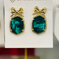 Daphne Bow Gold Drop Earrings in Pine Illusion