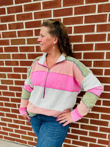 Pink Color Block Quarter Zip Pullover