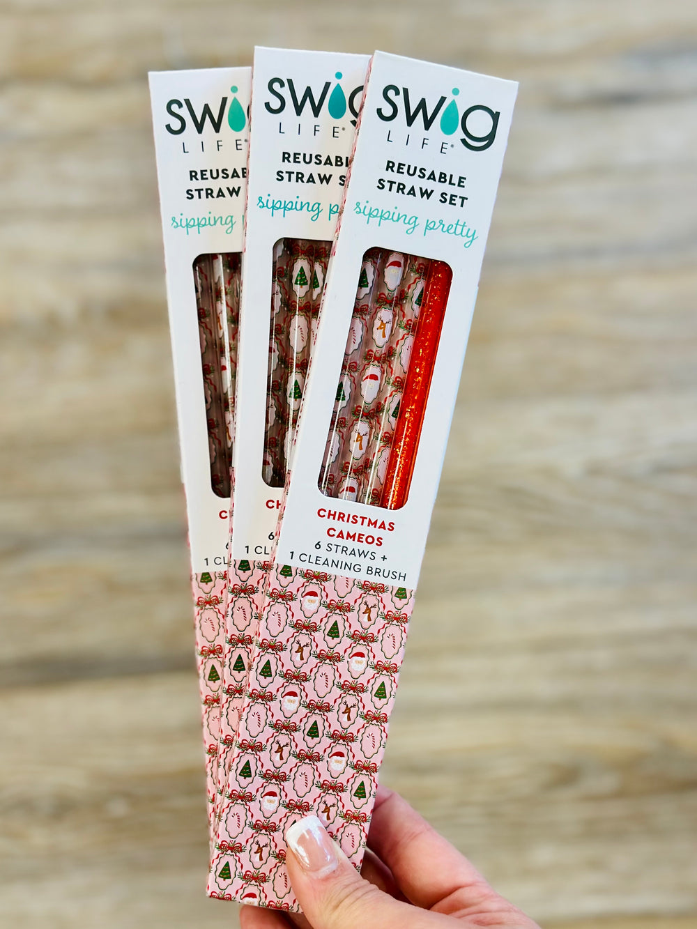 Christmas Cameos + Red Glitter Reusable Straw Set