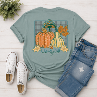 Graphic | Hand-drawn pumpkins, mushroom, autumn leaves, acorn, and plaid backdrop
Color | Bay
Neckline | Crew neck
Sleeve | Short sleeve
Fabric | Comfort color, soft and worn-in feel
Brand | Southernology
Care | Machine wash cold, tumble dry low