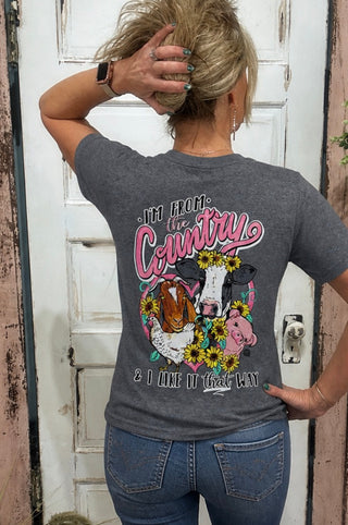 I'm From The Country & I Like It That Way, featuring farm animals and sunflowers in pink and yellow"