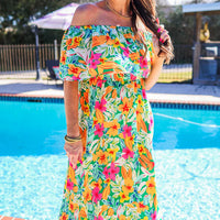 Unleash your resort radiance with our off the shoulder ruffle maxi dress. Show off your shoulders and enjoy the flowy, free-spirited feel of this must-have dress. Perfect for any occasion, our dress will have you looking and feeling your best. Get ready to turn heads and make a statement - effortlessly.

