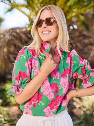 Jessica pop collar blouse Orchid Reverie pink women's boutique puff sleeve top with contrast trim