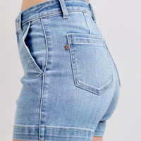 Elevate your summer wardrobe with our Mid-Rise Denim Trouser Shorts. Made with a comfortable blend of cotton, polyester, and spandex, these shorts offer a flattering high rise and 9 1/2" rise for a perfect fit. With a 4 1/4" inseam, these shorts are perfect for any occasion.