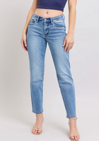 Judy Blue mid-rise vintage wash slim jeans featuring a cell phone pocket, non-destroy design, and versatile cuffed or uncuffed styling for a timeless look.
