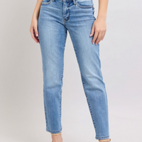Judy Blue mid-rise vintage wash slim jeans featuring a cell phone pocket, non-destroy design, and versatile cuffed or uncuffed styling for a timeless look.