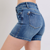 Judy Blue mid-rise tummy control shorts with a soft, stretchy fabric, 10" rise, and 5 3/4" inseam for a smooth, flattering fit.