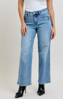 Mid-rise petite straight leg jeans with tummy control and vintage wash, women’s stretch denim in petite length. petite straight leg jeans, tummy control jeans women, mid rise petite jeans, vintage wash straight jeans, women’s petite denim, boutique jeans, Sweet Southern Charm denim
