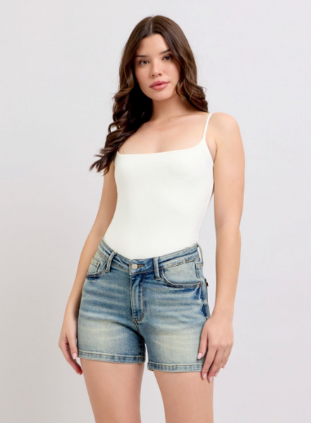 Judy Blue V-Front vintage wash shorts with a flattering fit, 9.5