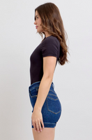 Judy Blue high-rise dark tummy control shorts with a flattering fit, 11" rise, 4.25" inseam, and a soft, stretchy cotton blend for all-day comfort.

