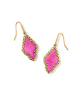 Adeline Vintage Gold Drop Earrings with dark fuchsia variegated magnesite teardrop stone framed in textured 23k yellow gold over brass.
