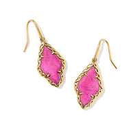 Adeline Vintage Gold Drop Earrings with dark fuchsia variegated magnesite teardrop stone framed in textured 23k yellow gold over brass.
