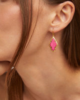 Adeline Vintage Gold Drop Earrings with dark fuchsia variegated magnesite teardrop stone framed in textured 23k yellow gold over brass.
