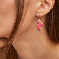 Adeline Vintage Gold Drop Earrings with dark fuchsia variegated magnesite teardrop stone framed in textured 23k yellow gold over brass.