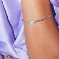 Ari Silver Pave Heart Stretch Bracelet in White Crystal