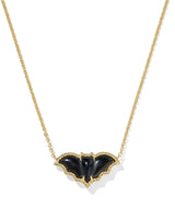 Bat Gold Short Pendant Necklace with golden obsidian stone

Whimsical bat pendant necklace in 14k yellow gold over brass

Halloween-inspired gold necklace with bat charm and hoofprint

Golden obsidian bat pendant on adjustable gold chain

Short gold necklace featuring spooky bat pendant with detailing
