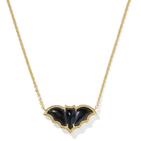 Bat Gold Short Pendant Necklace with golden obsidian stone

Whimsical bat pendant necklace in 14k yellow gold over brass

Halloween-inspired gold necklace with bat charm and hoofprint

Golden obsidian bat pendant on adjustable gold chain

Short gold necklace featuring spooky bat pendant with detailing