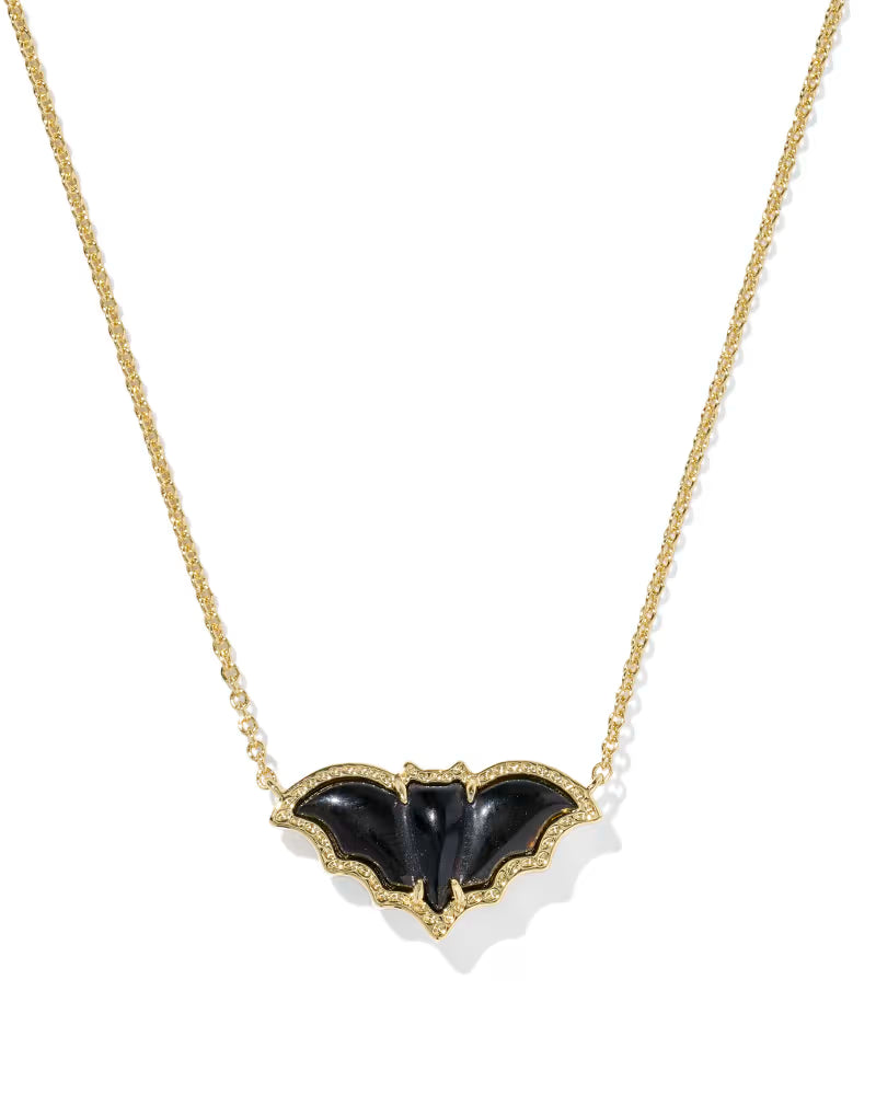 Bat Gold Short Pendant Necklace with golden obsidian stone

Whimsical bat pendant necklace in 14k yellow gold over brass

Halloween-inspired gold necklace with bat charm and hoofprint

Golden obsidian bat pendant on adjustable gold chain

Short gold necklace featuring spooky bat pendant with detailing