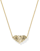 Bat Gold Short Pendant Necklace with golden obsidian stone

Whimsical bat pendant necklace in 14k yellow gold over brass

Halloween-inspired gold necklace with bat charm and hoofprint

Golden obsidian bat pendant on adjustable gold chain

Short gold necklace featuring spooky bat pendant with detailing
