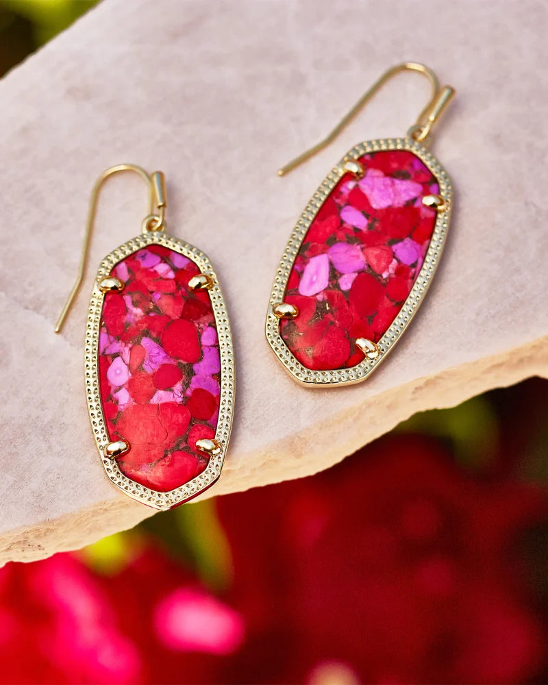 Elle Drop Earrings Gold in Bronze Veined Red and Fuchsia