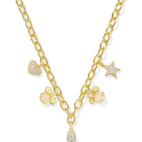 Disney | Kendra Scott Gold Mickey Mouse and Minnie Mouse Charm Necklace in Iridescent White Mix
