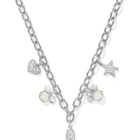 Disney | Kendra Scott Silver Mickey Mouse and Minnie Mouse Charm Necklace in Iridescent White Mix