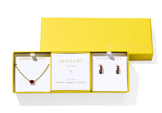 includes | Pendant necklace and huggie earrings
Color | Gold with Red Crystal
Birthstone Inspiration | January
Necklace Length | 16-inch chain with a 3-inch extender
Pendant Size | 0.38 inches long × 0.24 inches wide
Earring Size | 0.53 inches long × 0.53 inches wide
Packaging | Pre-wrapped gift set