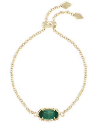 Style | Delicate Elaina adjustable chain bracelet
Colorway | Gold in Emerald Cats Eye
Metal | 14k gold plated over brass
Pendant | Stationary pendant, 0.38 inches long x 0.75 inches wide
Circumference | 9 inches
Closure | Adjustable sliding bead
Brand | Kendra Scott