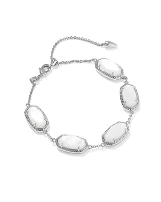 Brand | Kendra Scott
Style | Link Bracelet
Design | Series of signature oval-shaped stones linked together for a sculptural, eye-catching silhouette
Material | Ivory Mother of Pearl
Metal | Rhodium Over Brass
Closure | Lobster clasp with a single adjustable slider bead
Size | 6.5" L, 0.38" W with 1.5" extender